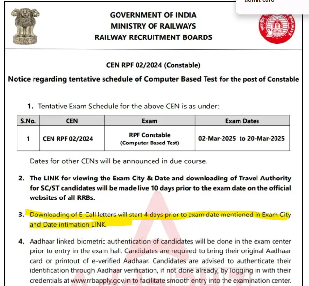 rpf constable admit card